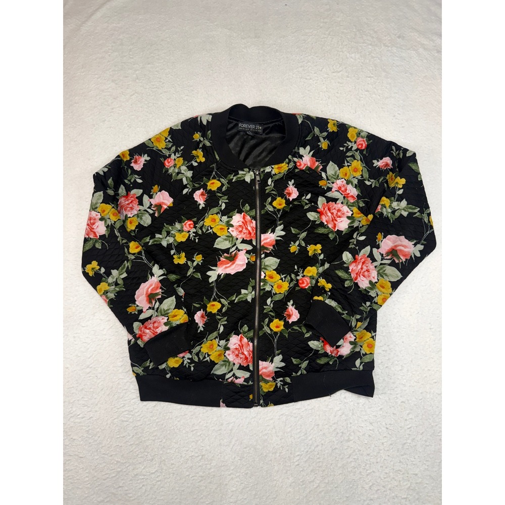 Forever 21 Plus Floral Quilted Bomber Jacket Black Pink Rose XL Zip Up